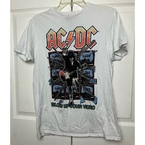 ACDC T-Shirt White Blow Up Your Video Guitar Graphic Crew Neck Size Medium